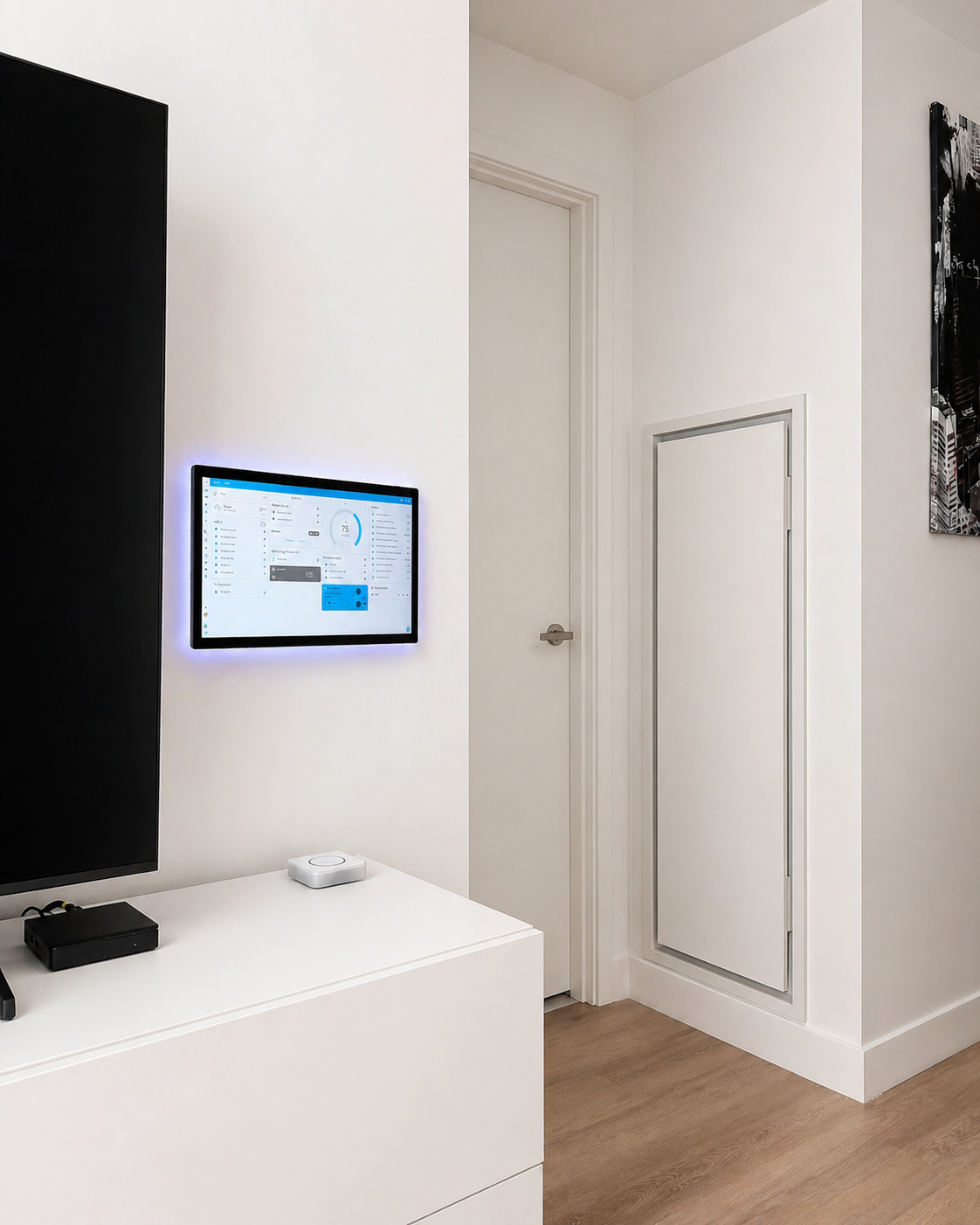 Vista lateral del HOMIQ Smart Home Panel instalado en pared